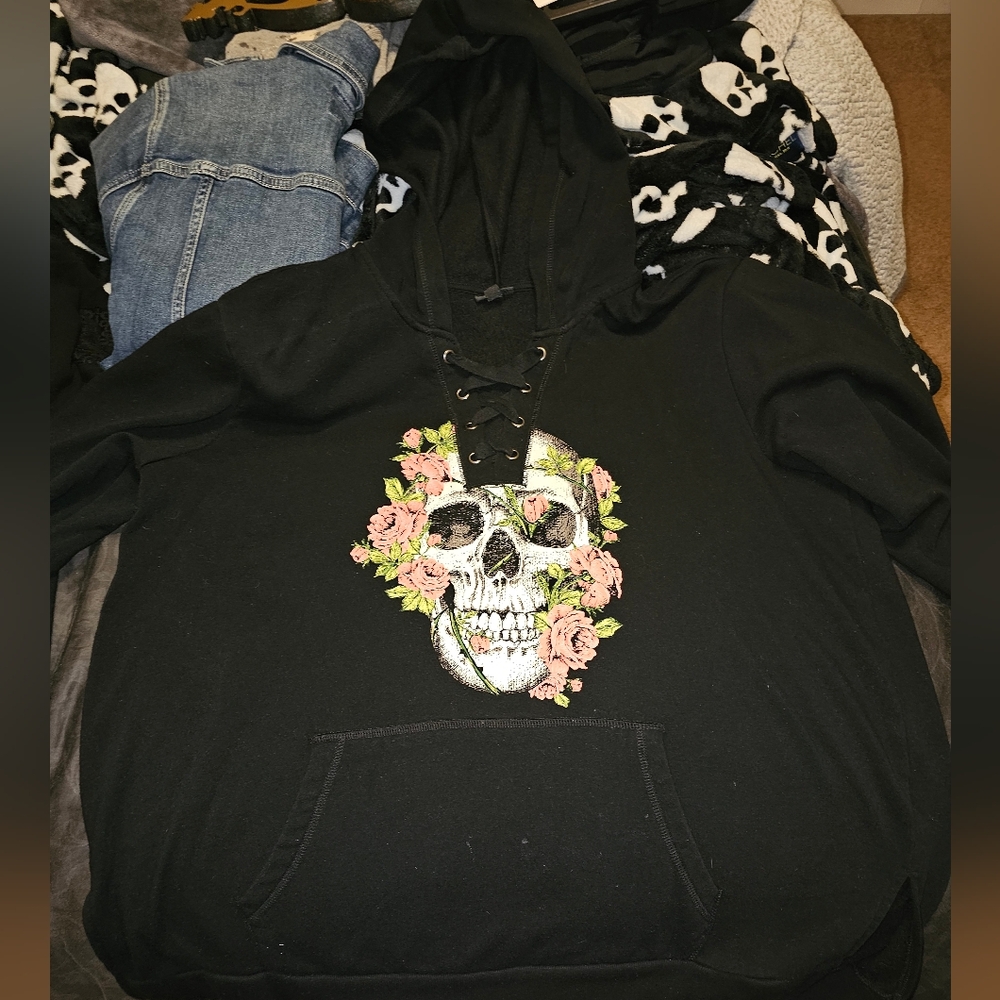 Torrid Black Lace-Up Skull  Hoodie